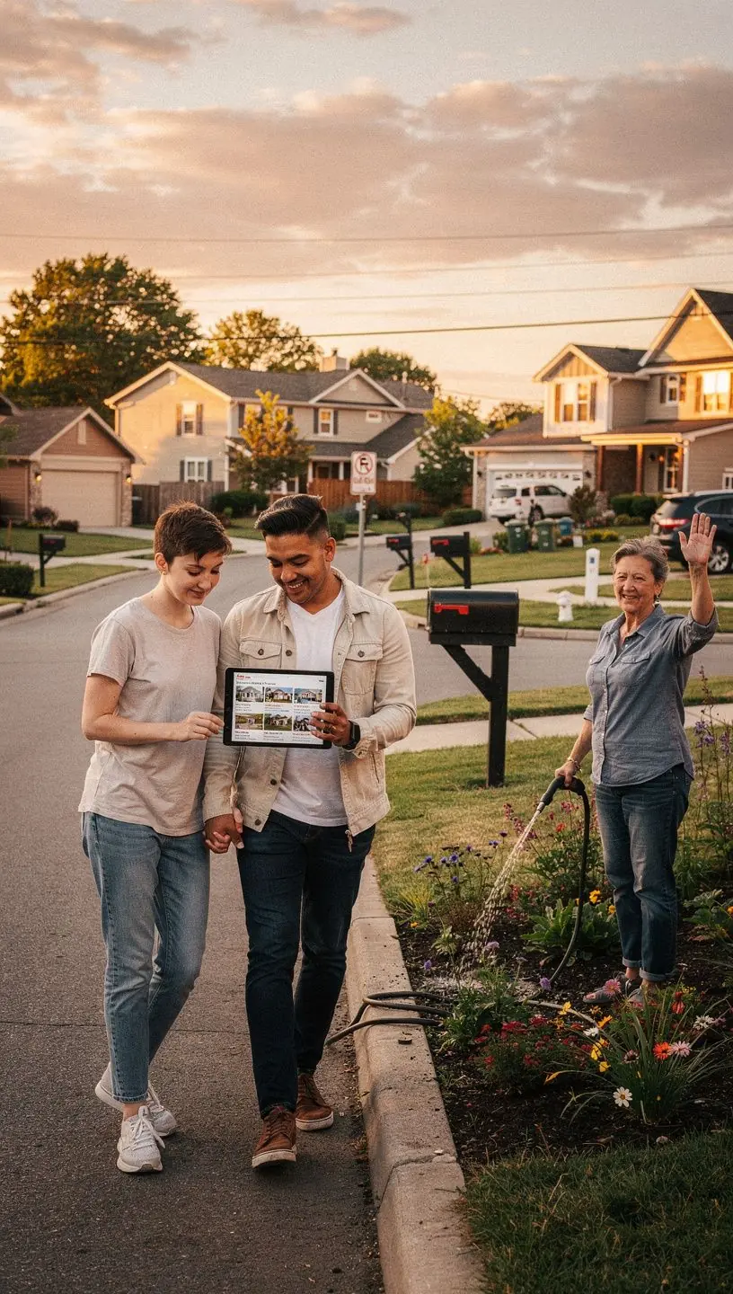 Zewnętrzny widok na stylowy dom jednorodzinny z ogrodem