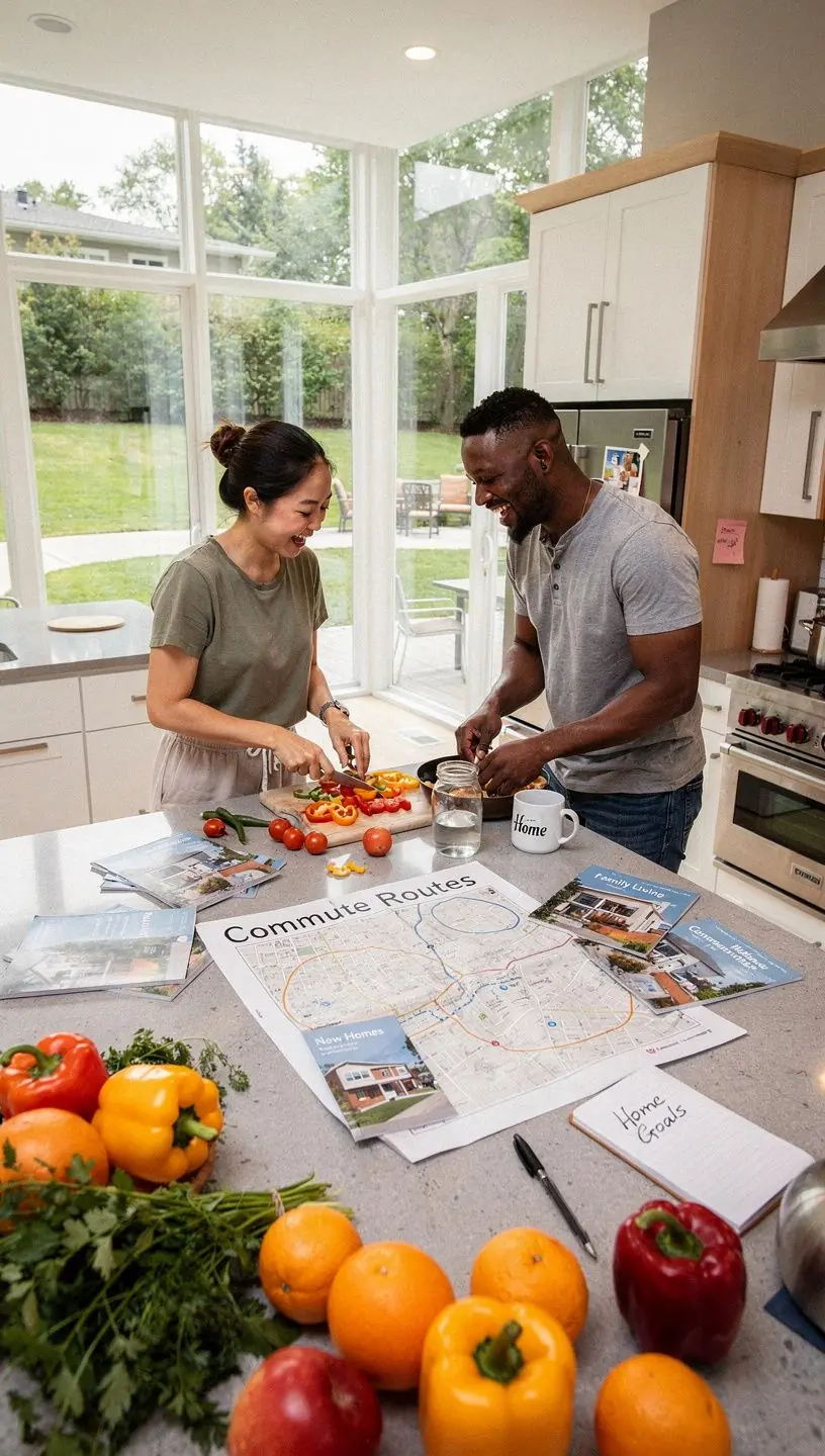 Wnętrze nowoczesnego mieszkania z widokiem na miasto